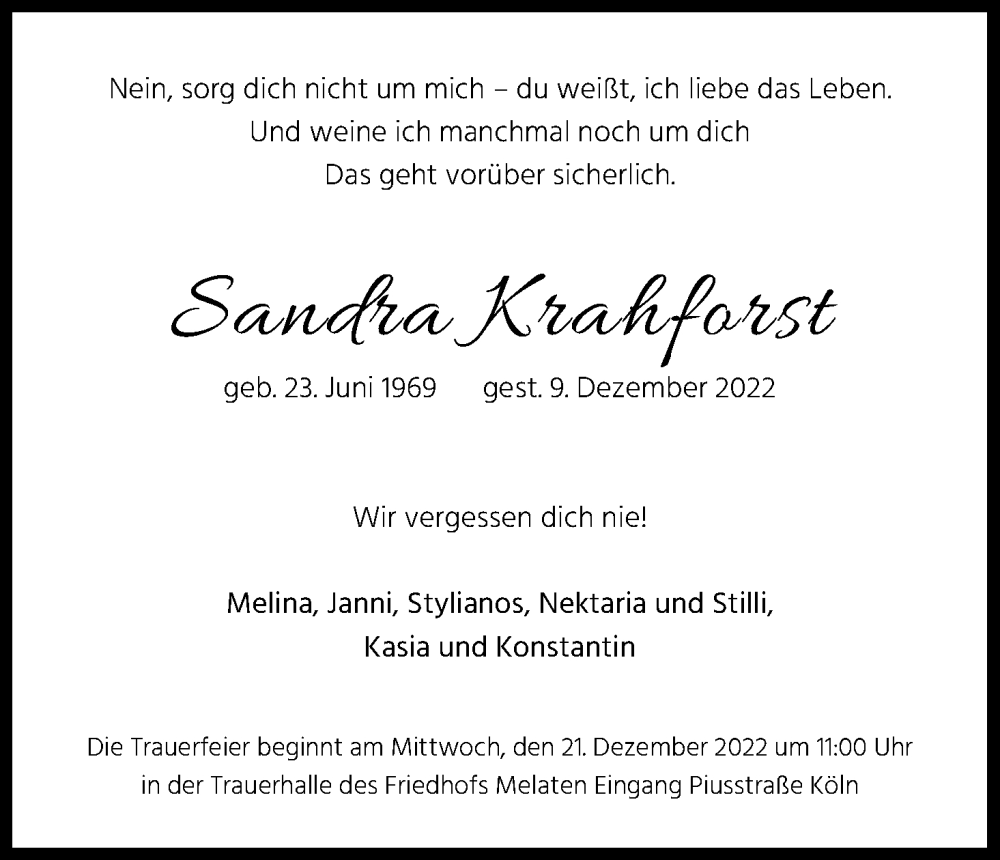  Traueranzeige für Sandra Krahforst vom 17.12.2022 aus Kölner Stadt-Anzeiger / Kölnische Rundschau / Express