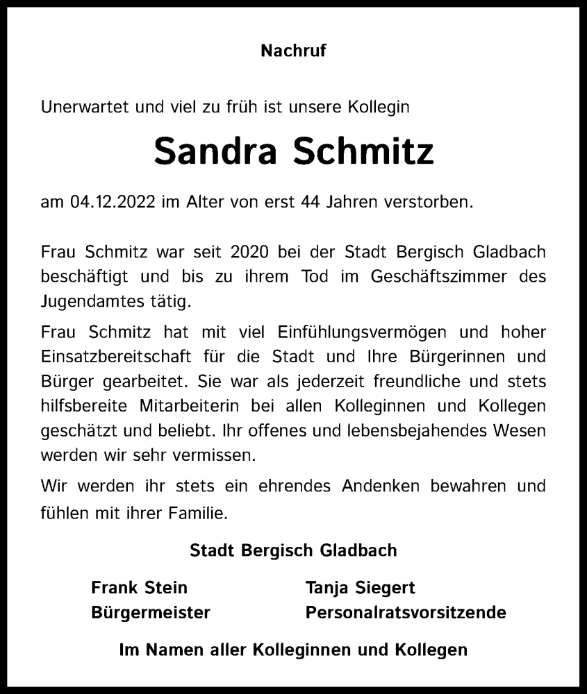  Traueranzeige für Sandra Schmitz vom 15.12.2022 aus Kölner Stadt-Anzeiger / Kölnische Rundschau / Express