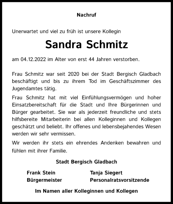 Anzeige von Sandra Schmitz von Kölner Stadt-Anzeiger / Kölnische Rundschau / Express