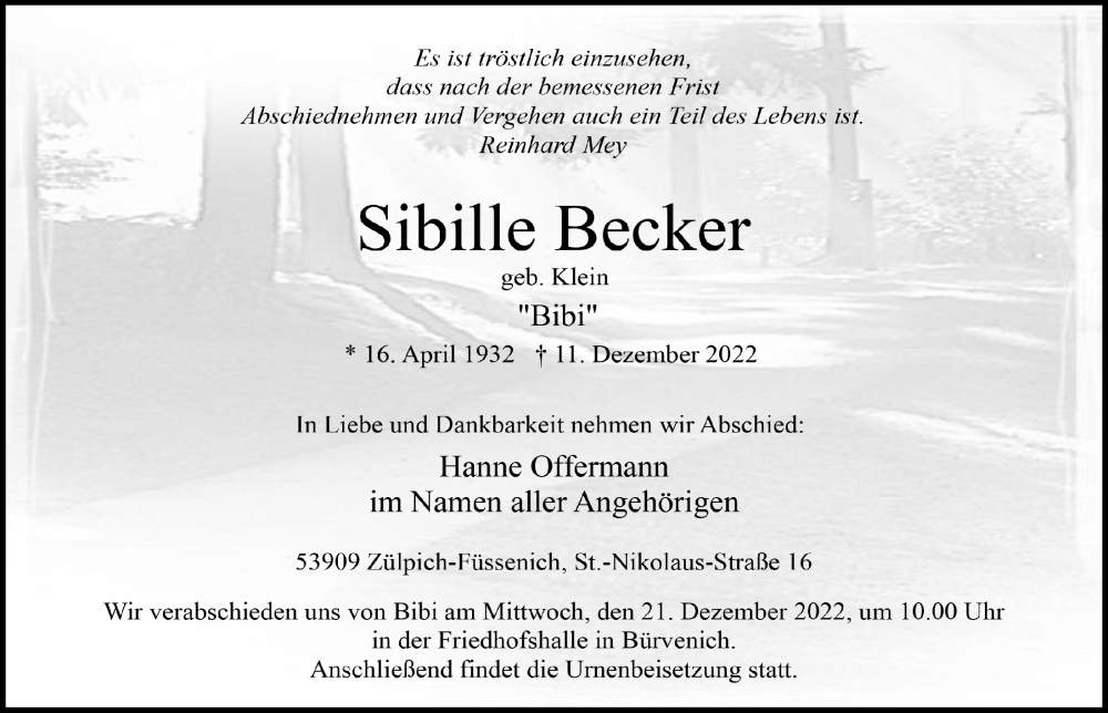  Traueranzeige für Sibille Becker vom 17.12.2022 aus  Blickpunkt Euskirchen 