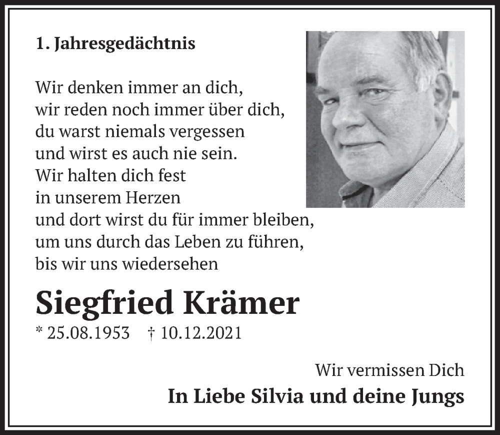  Traueranzeige für Siegfried Krämer vom 09.12.2022 aus  Werbepost 