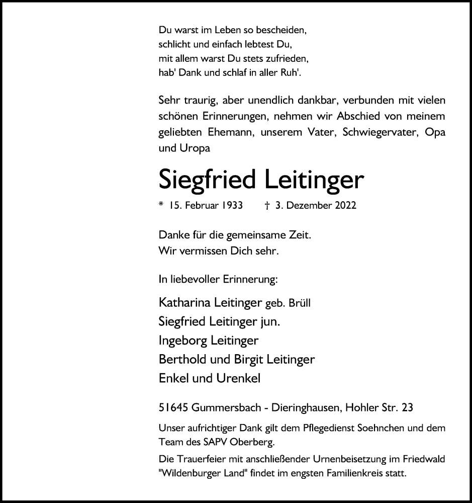  Traueranzeige für Siegfried Leitinger vom 16.12.2022 aus Kölner Stadt-Anzeiger / Kölnische Rundschau / Express