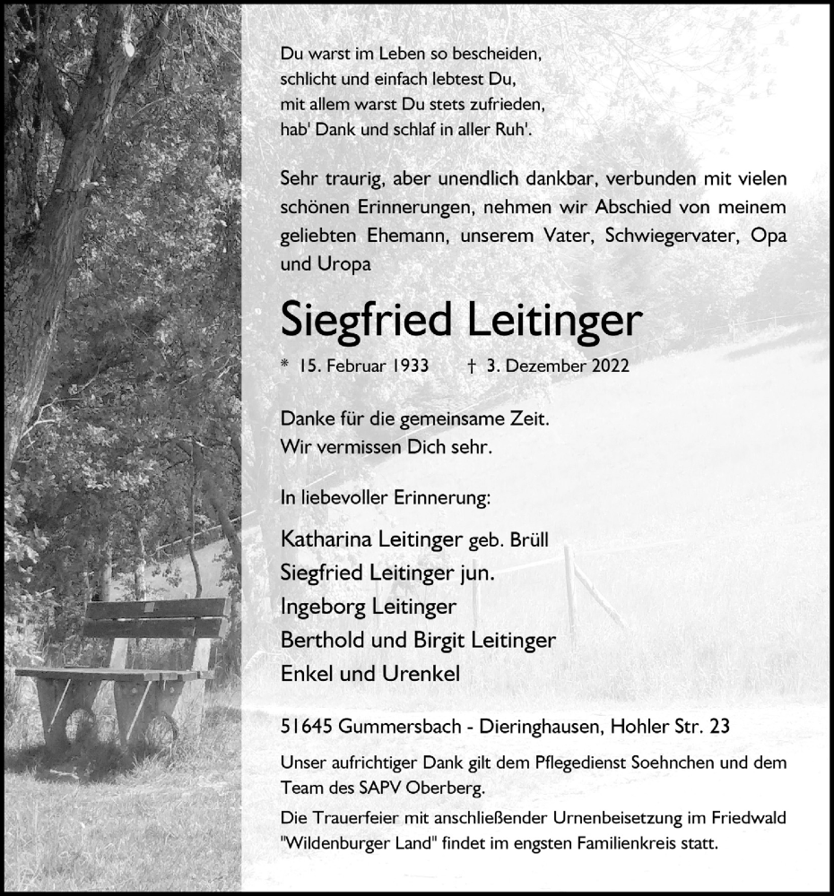  Traueranzeige für Siegfried Leitinger vom 16.12.2022 aus  Anzeigen Echo 