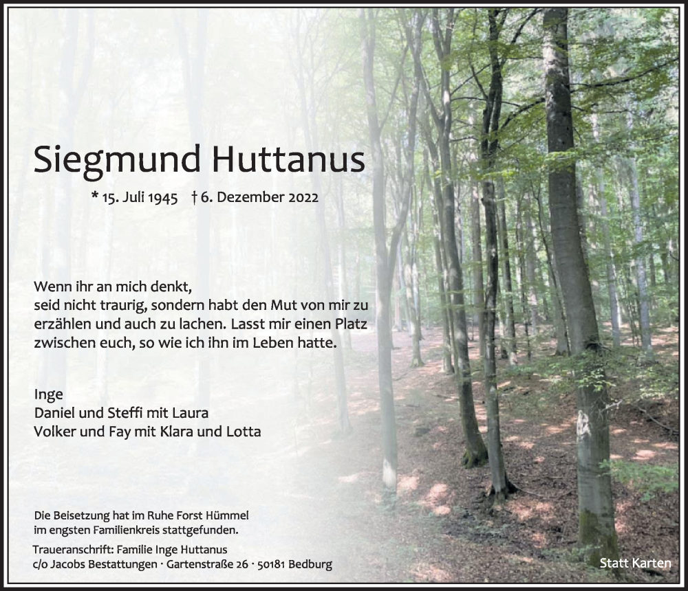  Traueranzeige für Siegmund Huttann vom 22.12.2022 aus  Werbepost 