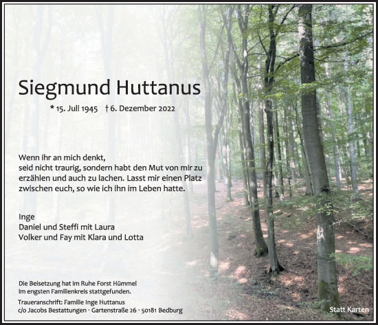 Anzeige von Siegmund Huttann von  Werbepost 