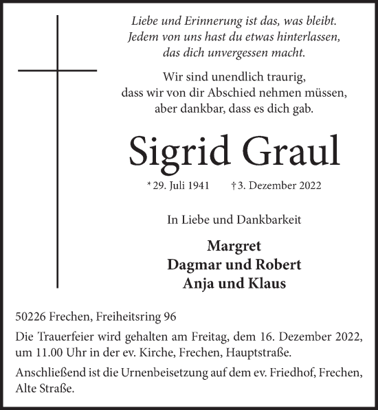 Anzeige von Sigrid Graul von  Wochenende 