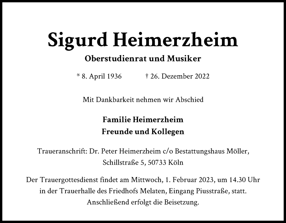  Traueranzeige für Sigurd Heimerzheim vom 31.12.2022 aus Kölner Stadt-Anzeiger / Kölnische Rundschau / Express