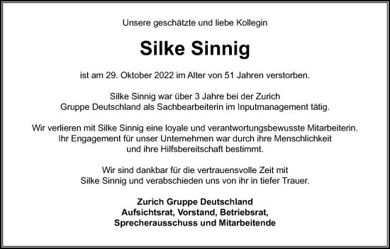 Anzeige von Silke Sinnig von Kölner Stadt-Anzeiger / Kölnische Rundschau / Express