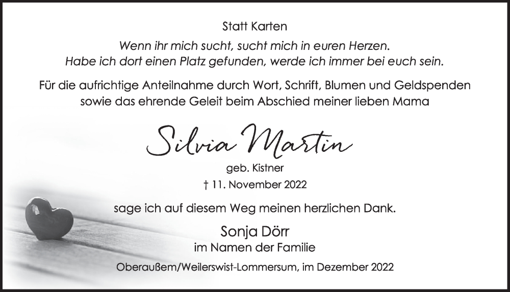  Traueranzeige für Silvia Martin vom 16.12.2022 aus  Werbepost 