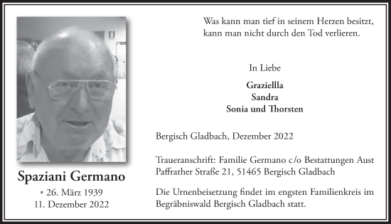 Anzeige von Spaziani Germano von  Bergisches Handelsblatt 