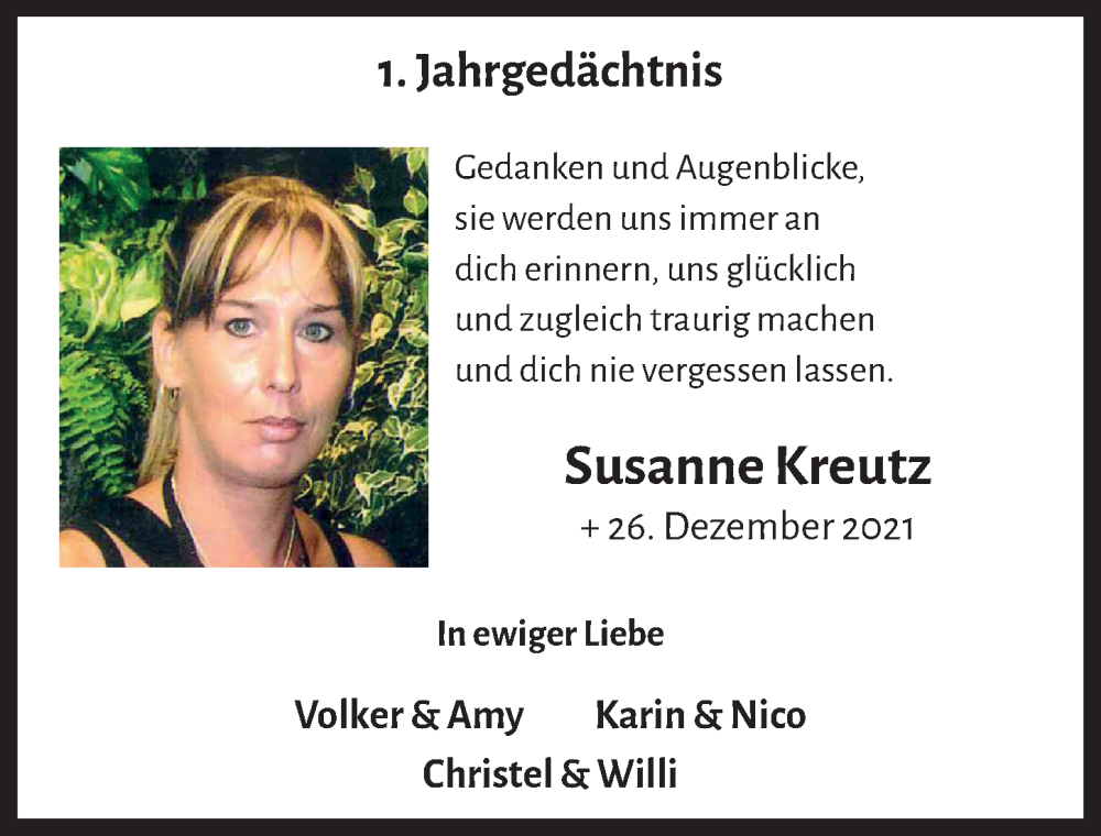  Traueranzeige für Susanne Kreutz vom 29.12.2022 aus  Schlossbote/Werbekurier 