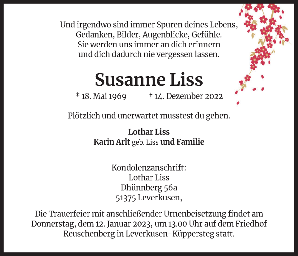  Traueranzeige für Susanne Liss vom 24.12.2022 aus Kölner Stadt-Anzeiger / Kölnische Rundschau / Express