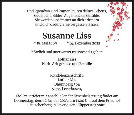 Anzeige von Susanne Liss von Kölner Stadt-Anzeiger / Kölnische Rundschau / Express