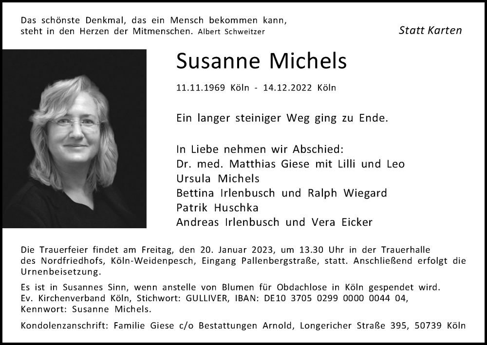  Traueranzeige für Susanne Michels vom 31.12.2022 aus Kölner Stadt-Anzeiger / Kölnische Rundschau / Express