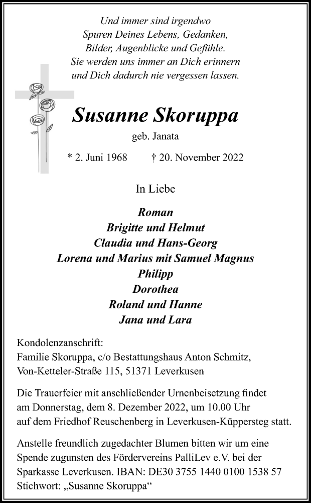  Traueranzeige für Susanne Skoruppa vom 03.12.2022 aus Kölner Stadt-Anzeiger / Kölnische Rundschau / Express