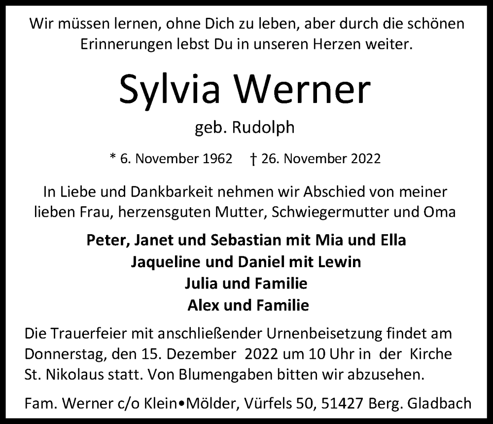  Traueranzeige für Sylvia Werner vom 10.12.2022 aus Kölner Stadt-Anzeiger / Kölnische Rundschau / Express