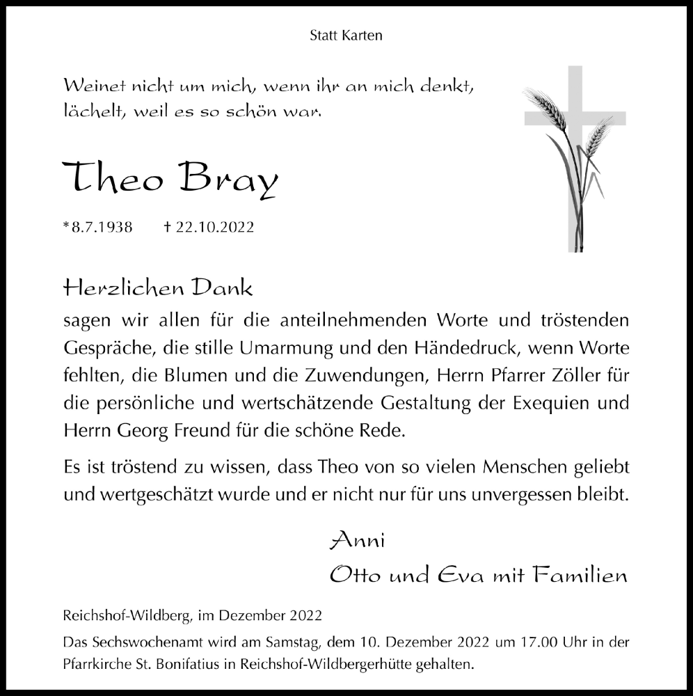  Traueranzeige für Theo Bray vom 02.12.2022 aus  Lokalanzeiger 