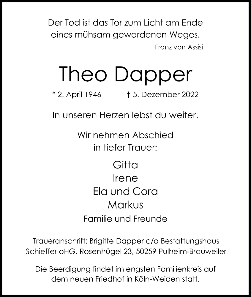  Traueranzeige für Theo Dapper vom 10.12.2022 aus Kölner Stadt-Anzeiger / Kölnische Rundschau / Express
