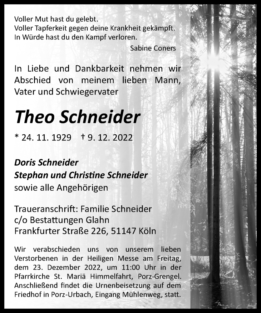  Traueranzeige für Theo Schneider vom 22.12.2022 aus  EXPRESS - Die Woche 