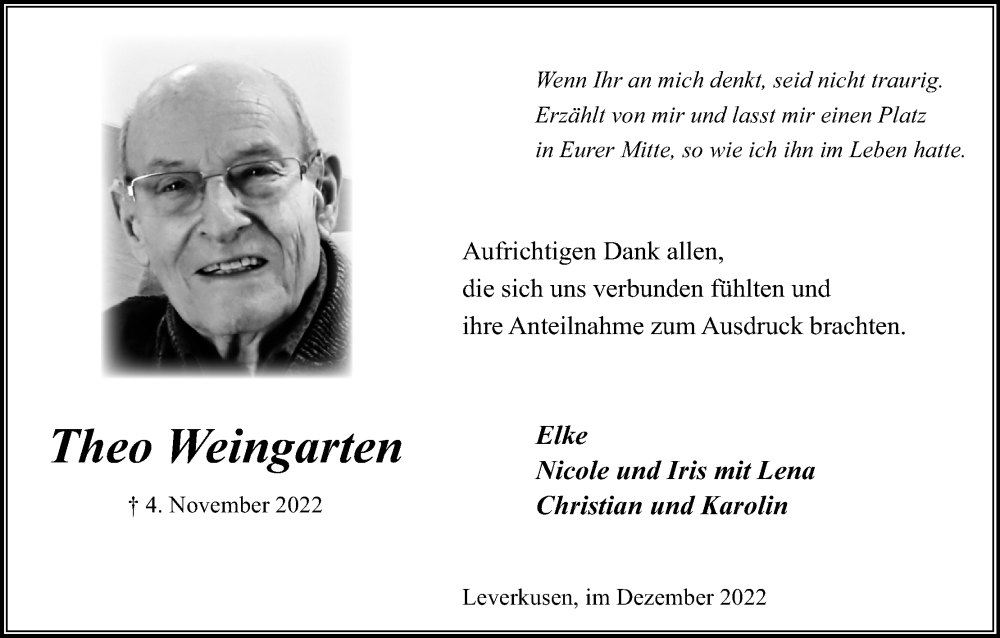  Traueranzeige für Theo Weingarten vom 10.12.2022 aus Kölner Stadt-Anzeiger / Kölnische Rundschau / Express