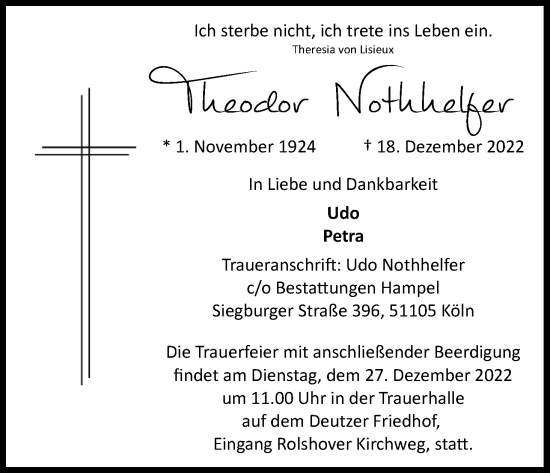 Anzeige von Theodor Nothhelfer von Kölner Stadt-Anzeiger / Kölnische Rundschau / Express