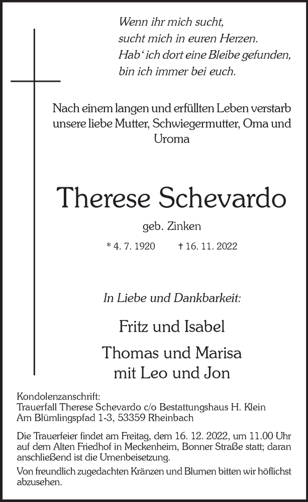  Traueranzeige für Therese Schevardo vom 02.12.2022 aus  Schaufenster/Blickpunkt 