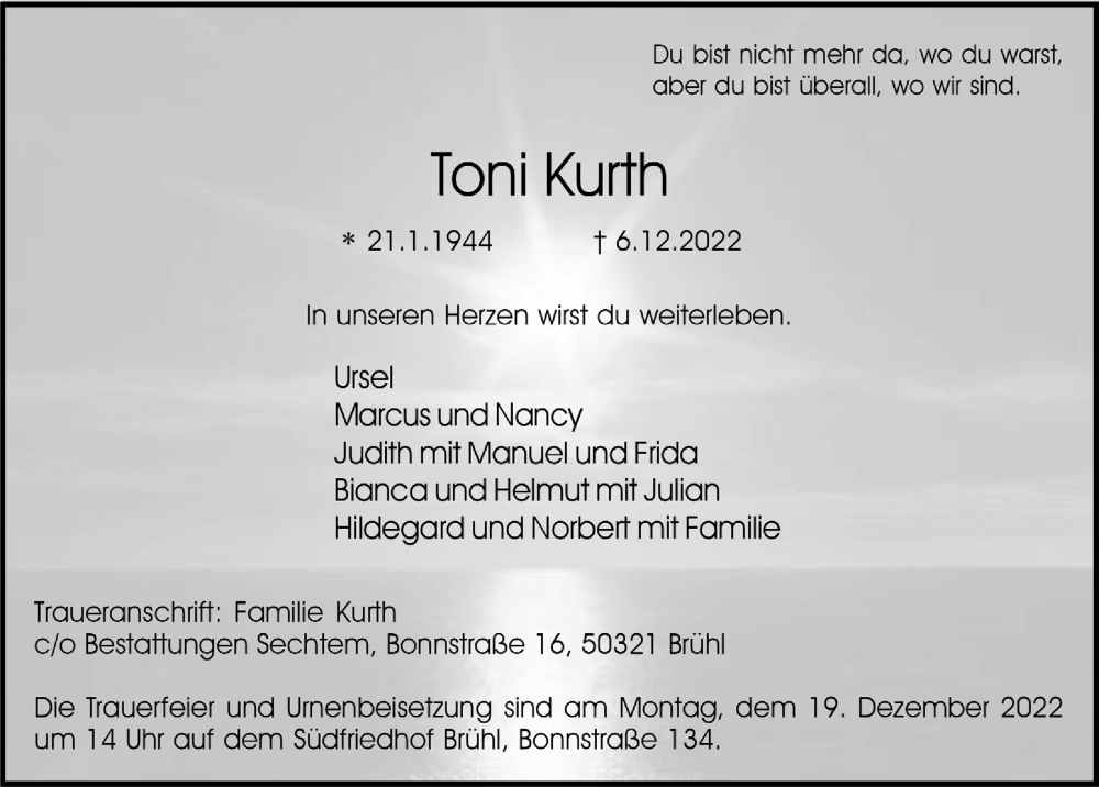  Traueranzeige für Toni Kurth vom 09.12.2022 aus  Schlossbote/Werbekurier 