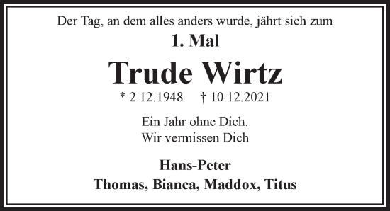 Anzeige von Trude Wirtz von  Schaufenster/Blickpunkt 