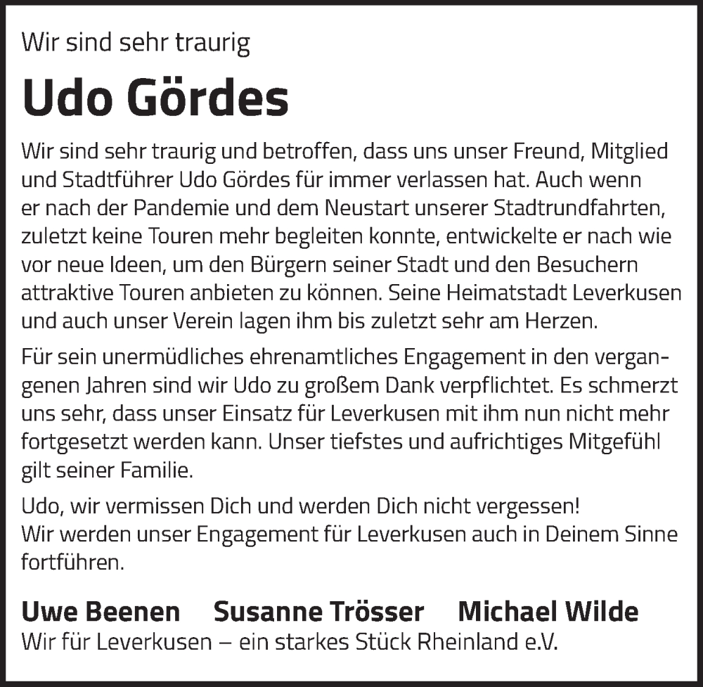  Traueranzeige für Udo Gördes vom 22.12.2022 aus  Lokale Informationen 