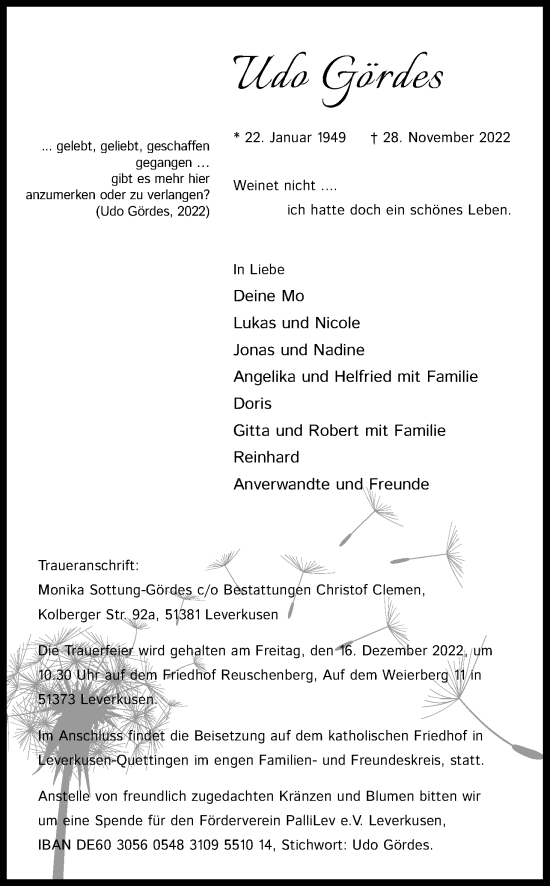 Anzeige von Udo Gördes von Kölner Stadt-Anzeiger / Kölnische Rundschau / Express