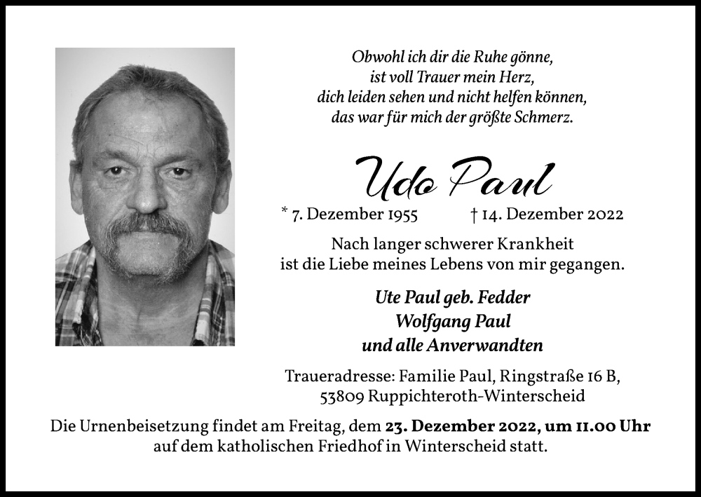  Traueranzeige für Udo Paul vom 17.12.2022 aus Kölner Stadt-Anzeiger / Kölnische Rundschau / Express