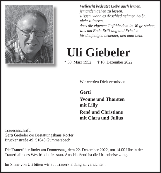 Anzeige von Uli Giebeler von  Anzeigen Echo 