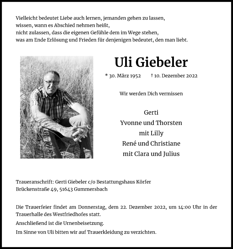  Traueranzeige für Uli Giebeler vom 17.12.2022 aus Kölner Stadt-Anzeiger / Kölnische Rundschau / Express