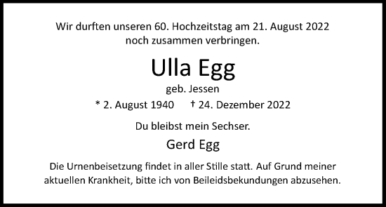 Anzeige von Ulla Egg von Kölner Stadt-Anzeiger / Kölnische Rundschau / Express