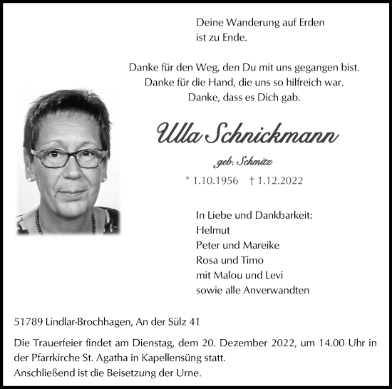Anzeige von Ulla Schnickmann von Kölner Stadt-Anzeiger / Kölnische Rundschau / Express