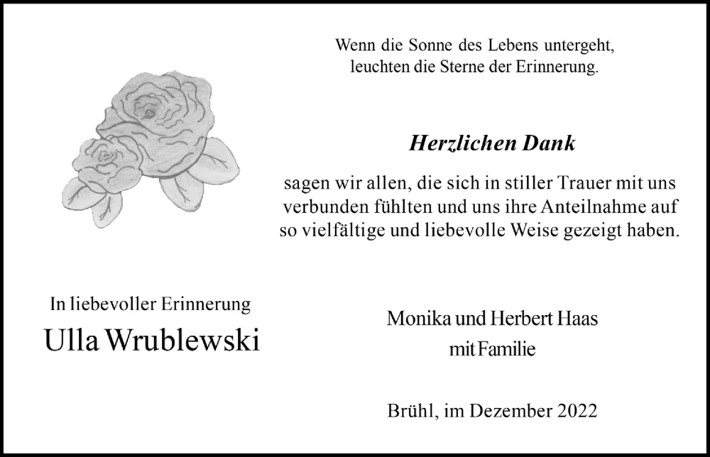  Traueranzeige für Ulla Wrublewski vom 09.12.2022 aus  Schlossbote/Werbekurier 