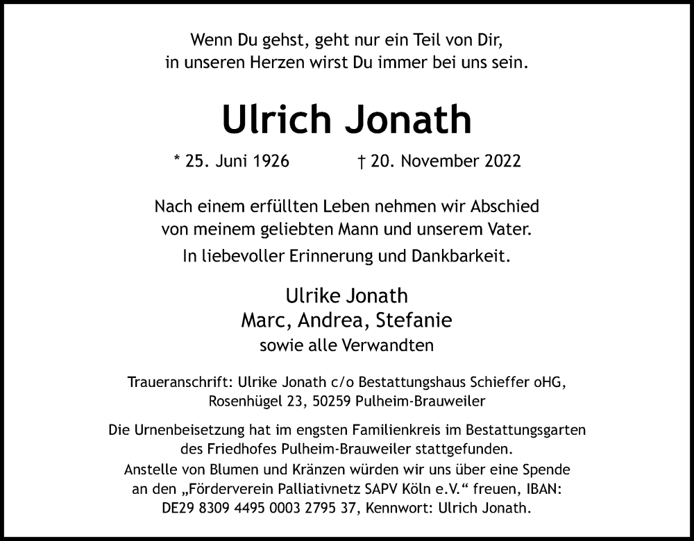  Traueranzeige für Ulrich Jonath vom 03.12.2022 aus Kölner Stadt-Anzeiger / Kölnische Rundschau / Express