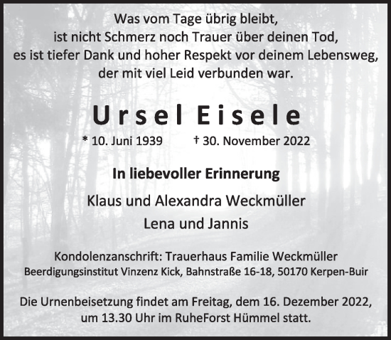 Anzeige von Ursel Eisele von  Wochenende  Werbepost 