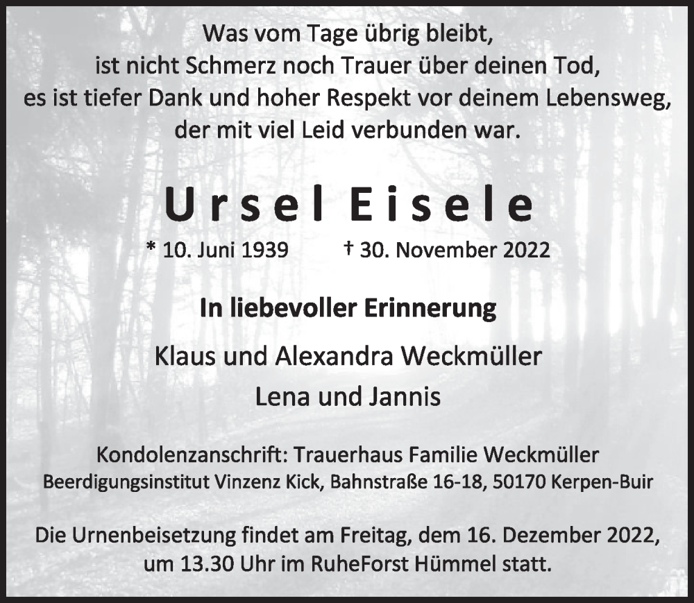  Traueranzeige für Ursel Eisele vom 09.12.2022 aus  Wochenende  Werbepost 
