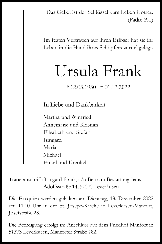 Anzeige von Ursula Frank von Kölner Stadt-Anzeiger / Kölnische Rundschau / Express
