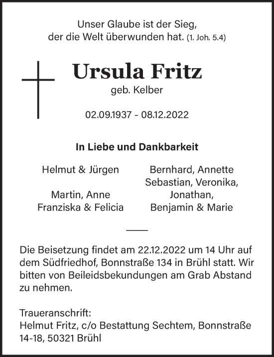 Anzeige von Ursula Fritz von  Schlossbote/Werbekurier 