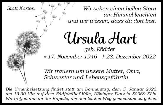 Anzeige von Ursula Hart von Kölner Stadt-Anzeiger / Kölnische Rundschau / Express