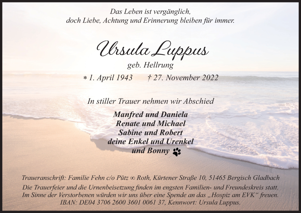  Traueranzeige für Ursula Luppus vom 03.12.2022 aus Kölner Stadt-Anzeiger / Kölnische Rundschau / Express