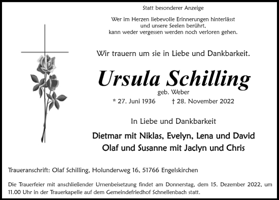 Anzeige von Ursula Schilling von  Anzeigen Echo 