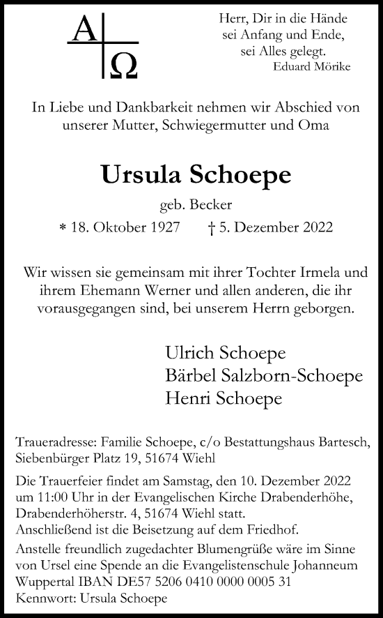 Anzeige von Ursula Schoepe von Kölner Stadt-Anzeiger / Kölnische Rundschau / Express