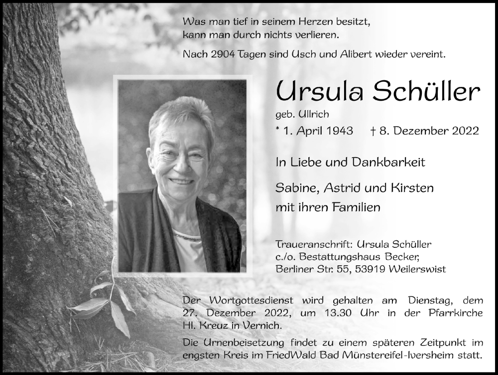  Traueranzeige für Ursula Schüller vom 17.12.2022 aus  Blickpunkt Euskirchen 