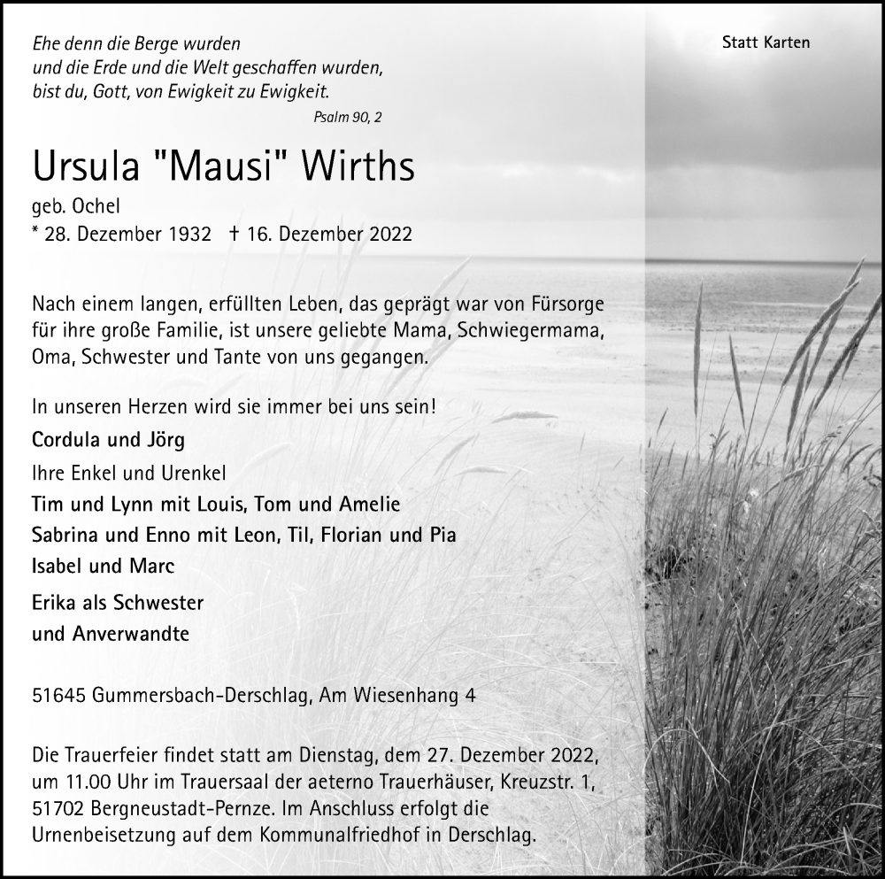  Traueranzeige für Ursula Wirths vom 24.12.2022 aus Kölner Stadt-Anzeiger / Kölnische Rundschau / Express