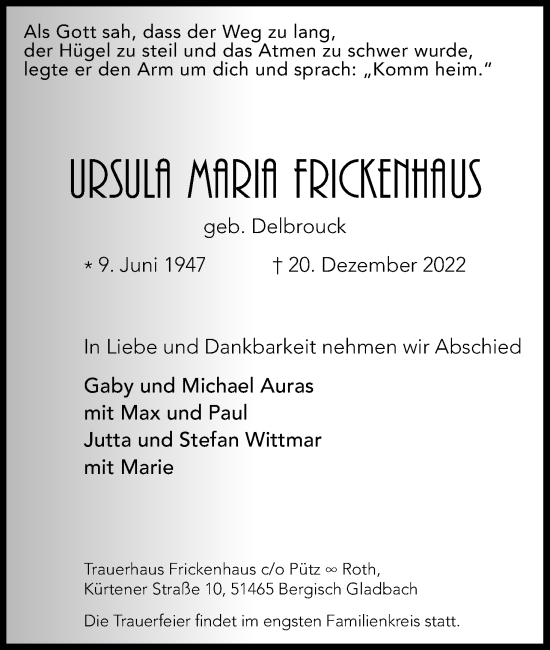 Anzeige von Ursula Maria Frickenhaus von Kölner Stadt-Anzeiger / Kölnische Rundschau / Express