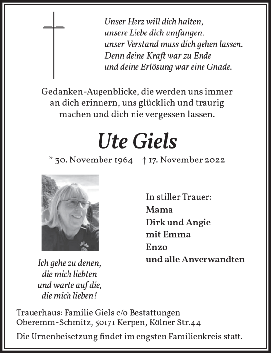 Anzeige von Ute Giels von  Werbepost 