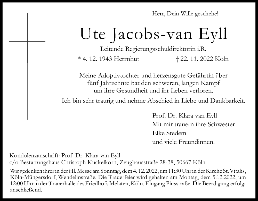  Traueranzeige für Ute Jacobs-van Eyll vom 03.12.2022 aus Kölner Stadt-Anzeiger / Kölnische Rundschau / Express
